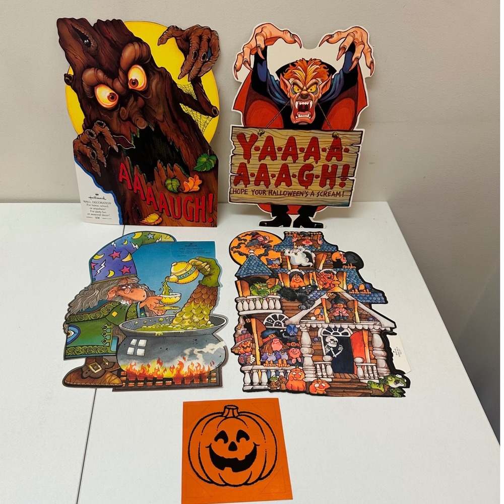 Vintage 80s Hallmark Halloween Die Cut Lot Vampire Wizard Haunted House 5pc